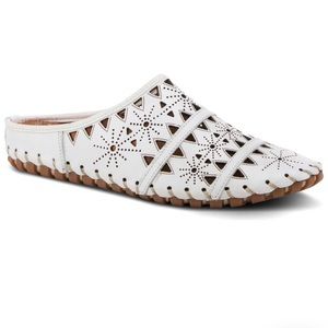 SPRING STEP FUSILADE WHITE LEATHER MULE LAZER CUTOUTS WHIPSTITCH FLEX SOLE